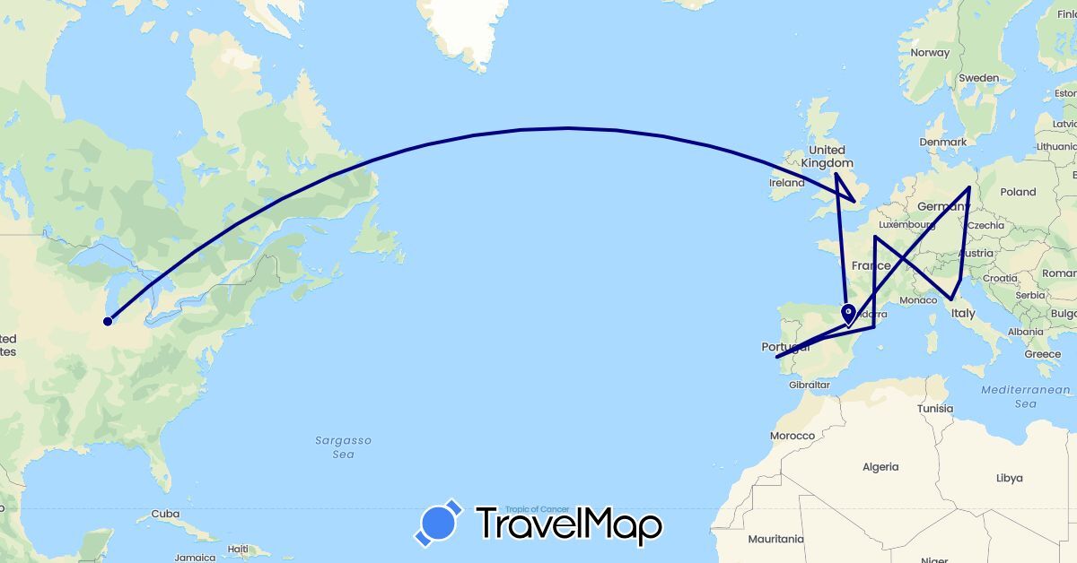 TravelMap itinerary: driving in Germany, Spain, France, United Kingdom, Italy, Portugal, United States (Europe, North America)